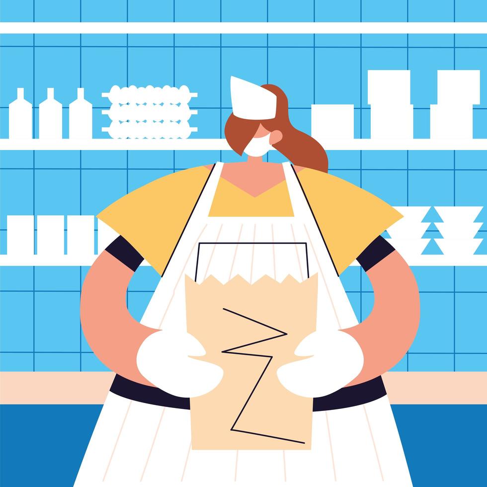 woman waitress with face mask , safety and prevention vector