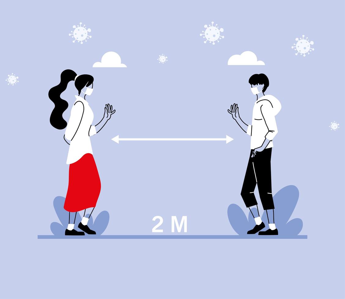 Social distancing between woman and man with masks vector design