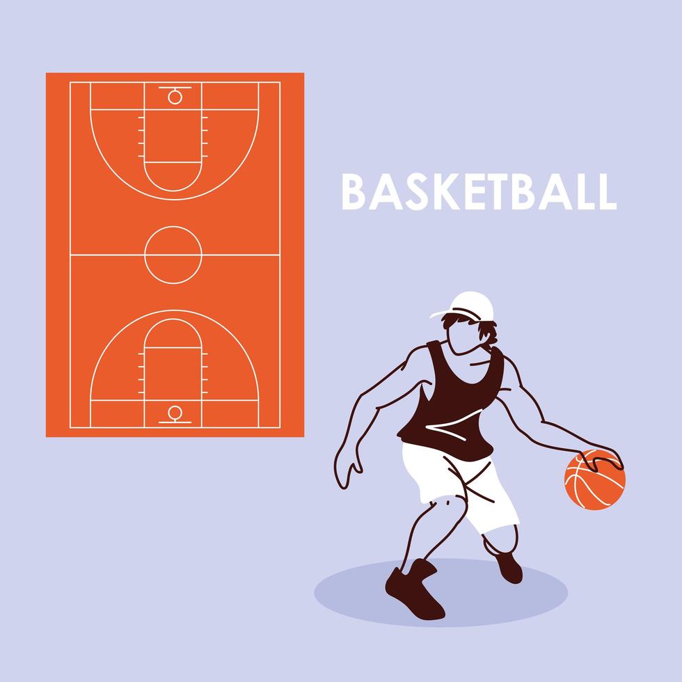jugador de baloncesto, hombre, con, pelota, y, campo, vector, diseño vector