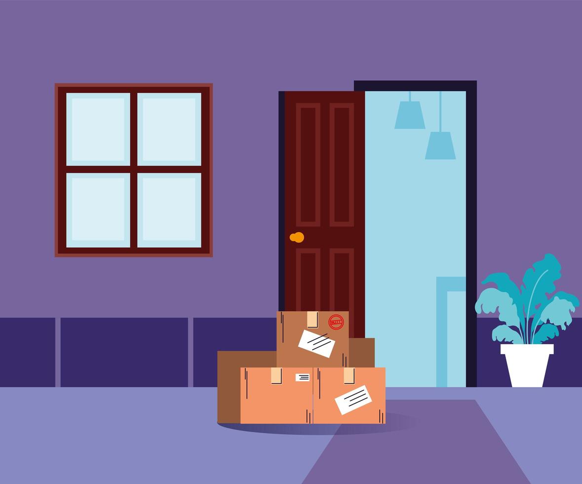 contactless delivery, boxes of purchases stand at the door vector
