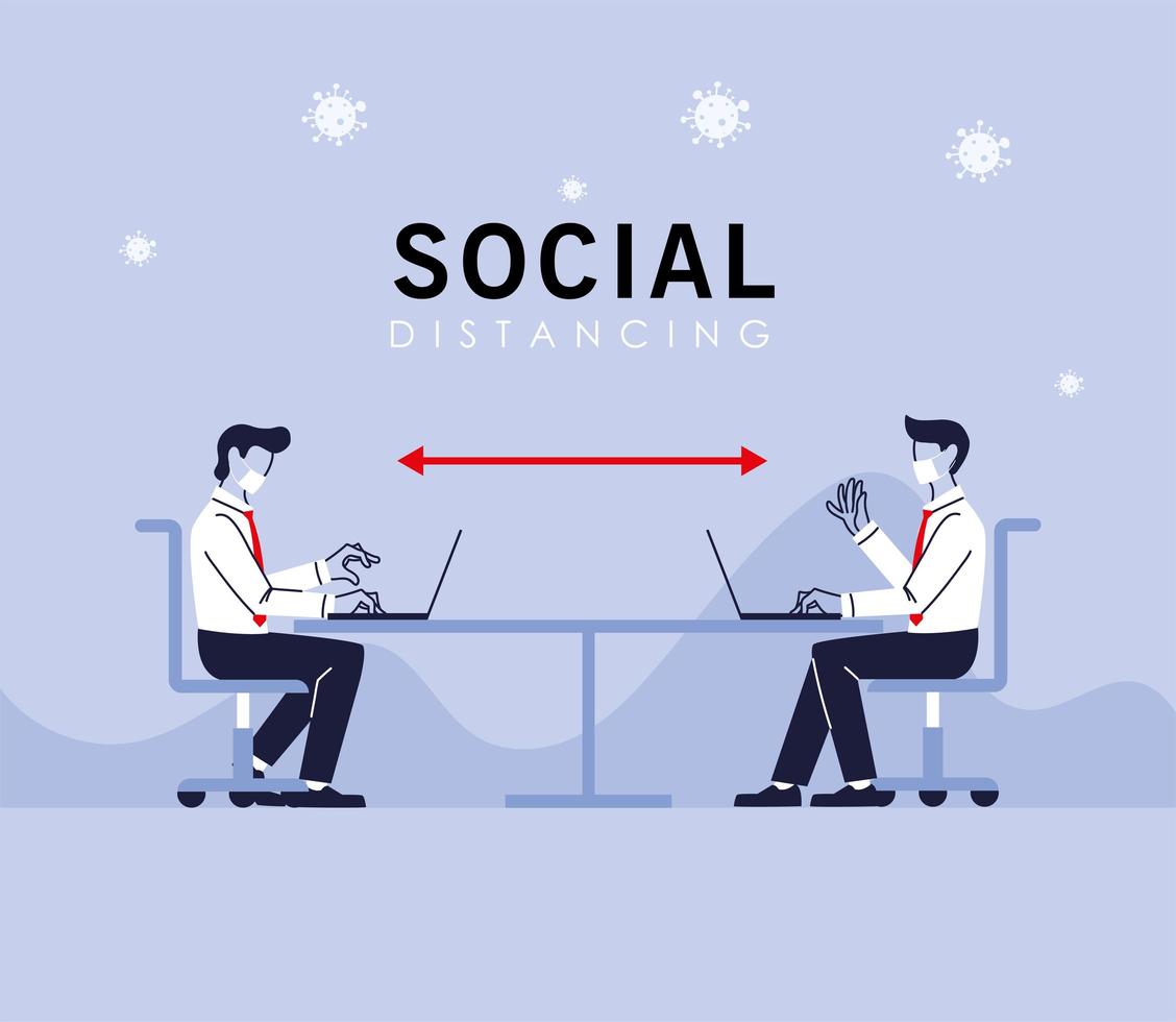 Social distancing between men with masks vector design