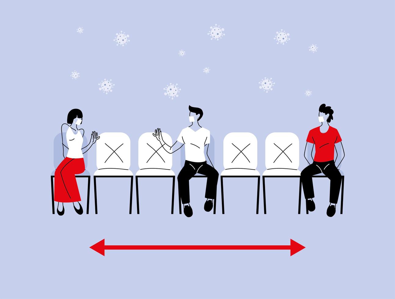 Social distancing between woman and men with masks on chairs vector design
