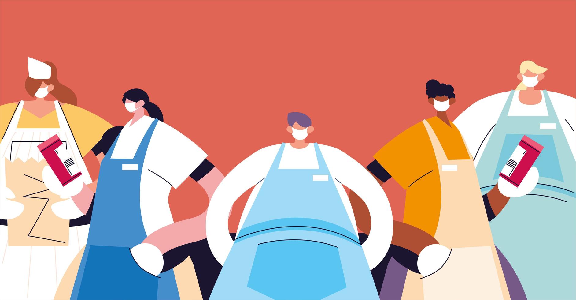 group of waiters with face mask and uniform vector