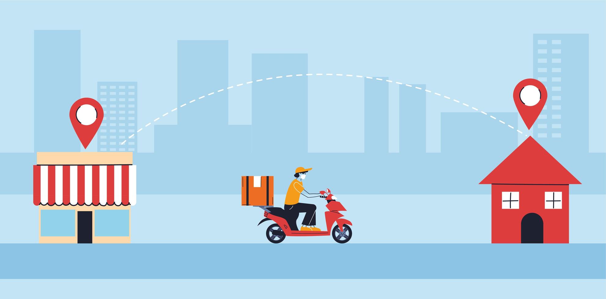 delivery man in protective face mask carries deliver to people in quarantine, motorcycle courier vector