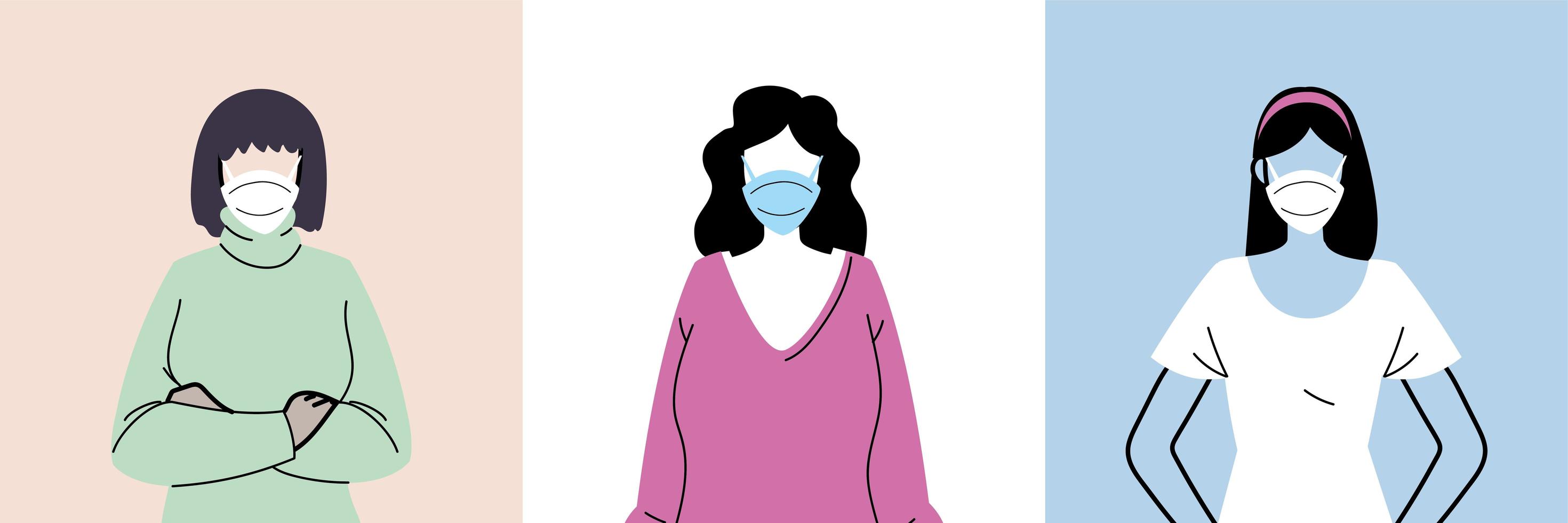 conjunto de avatar de mujer en mascarillas médicas protectoras vector