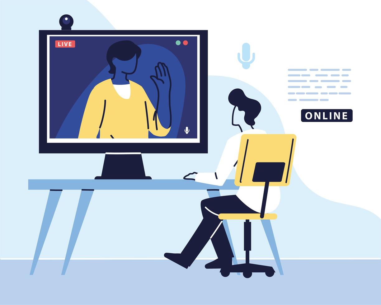 man using computer for virtual meeting, videoconference, remote work, technology vector