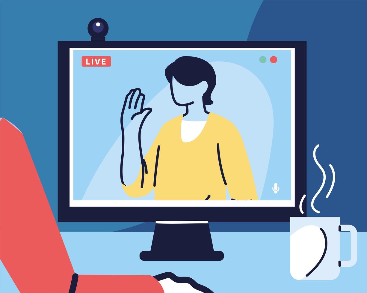 man using computer for virtual meeting, videoconference, remote work, technology vector