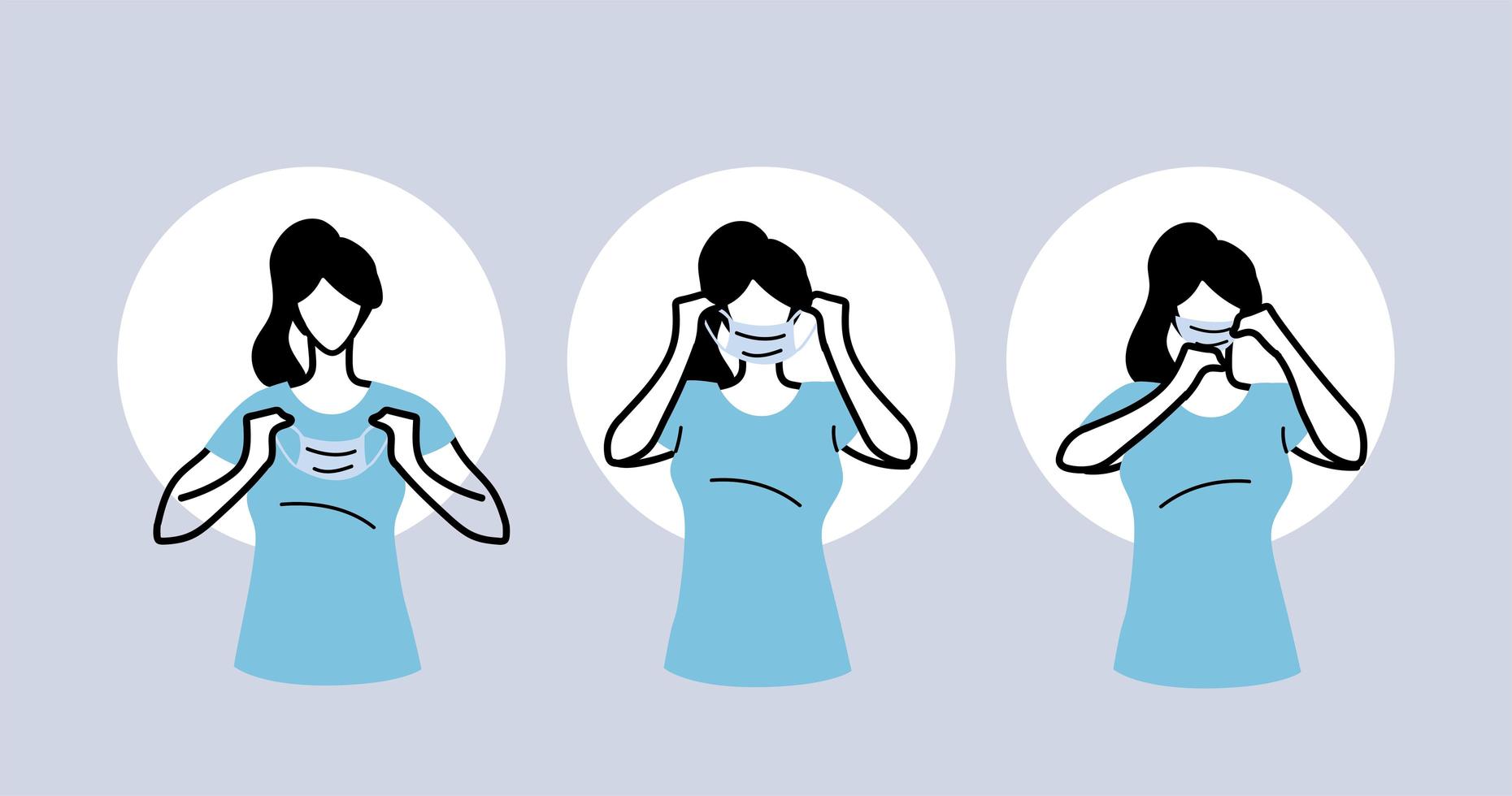 how to wear a mask correct, women presenting the correct method of wearing a medical mask vector
