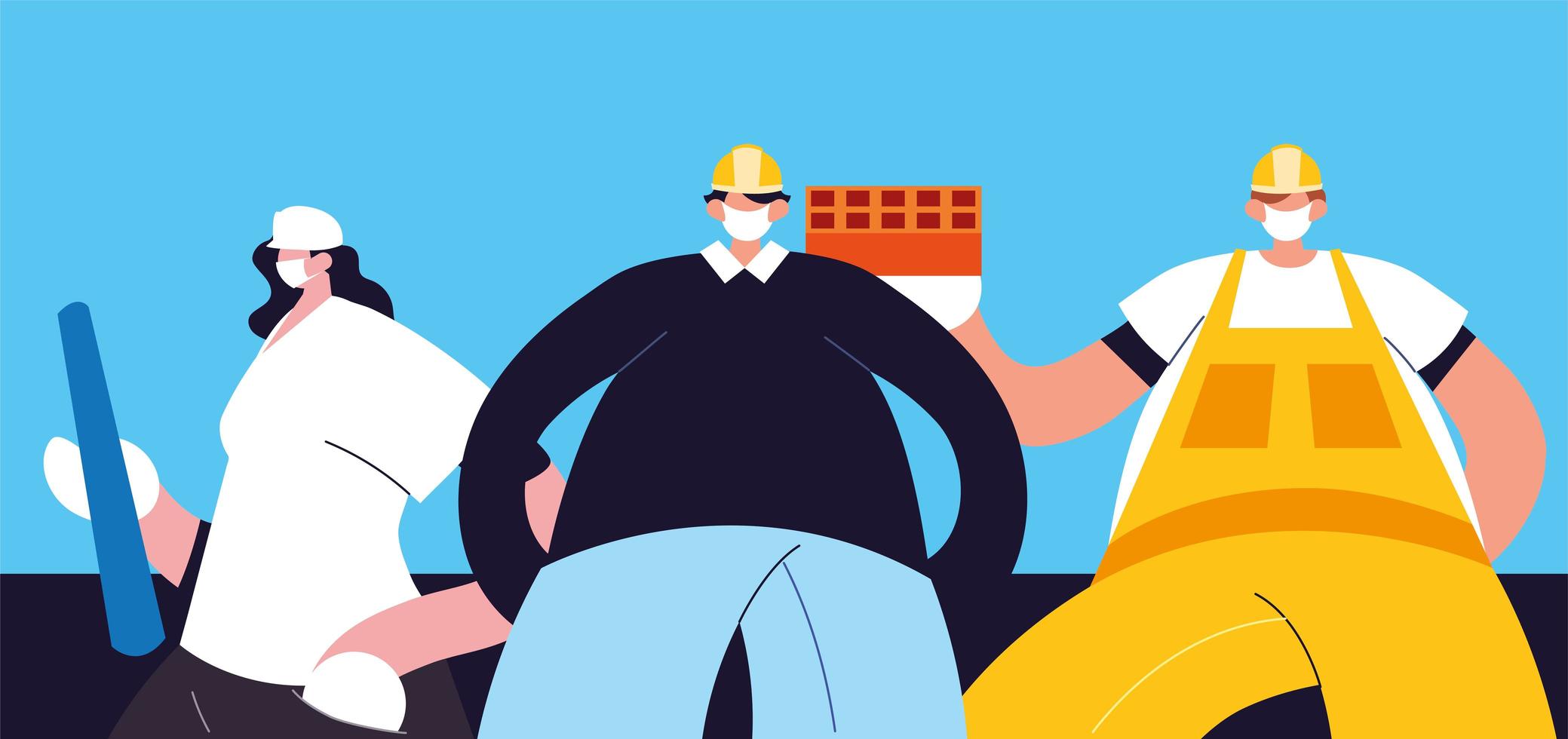 group of technicians and engineers with face mask vector