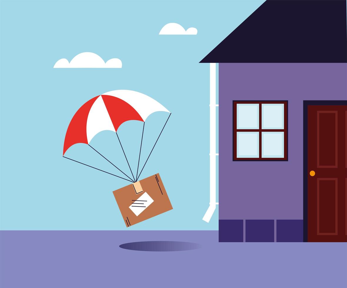 cardboard box with parachute delivery at the door of the house vector