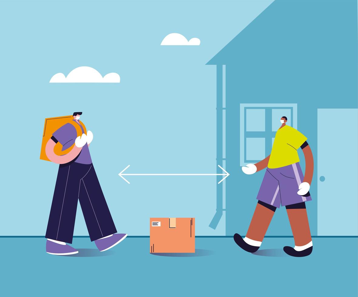 delivery man in the face mask leaves the box at the safe distance vector