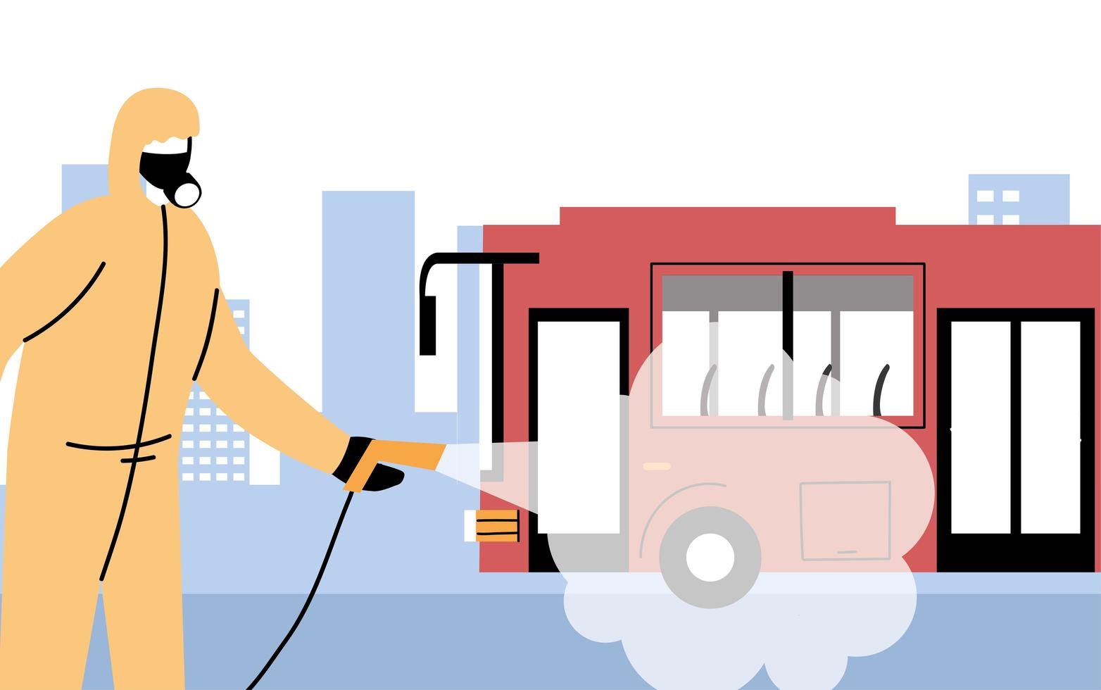 man wearing a protective suit disinfects bus by coronavirus or covid 19 vector