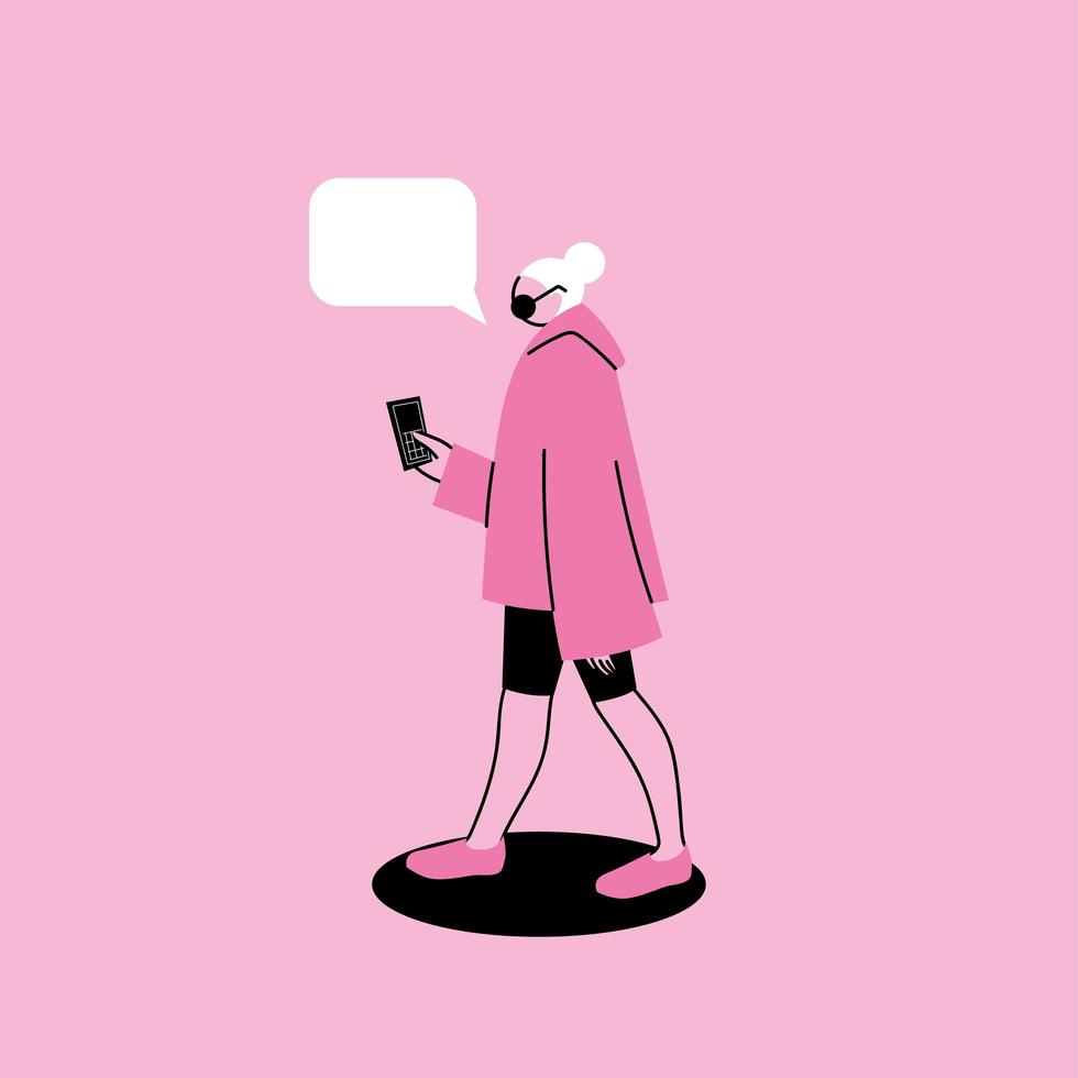 mujer con mascarilla médica y smartphone vector