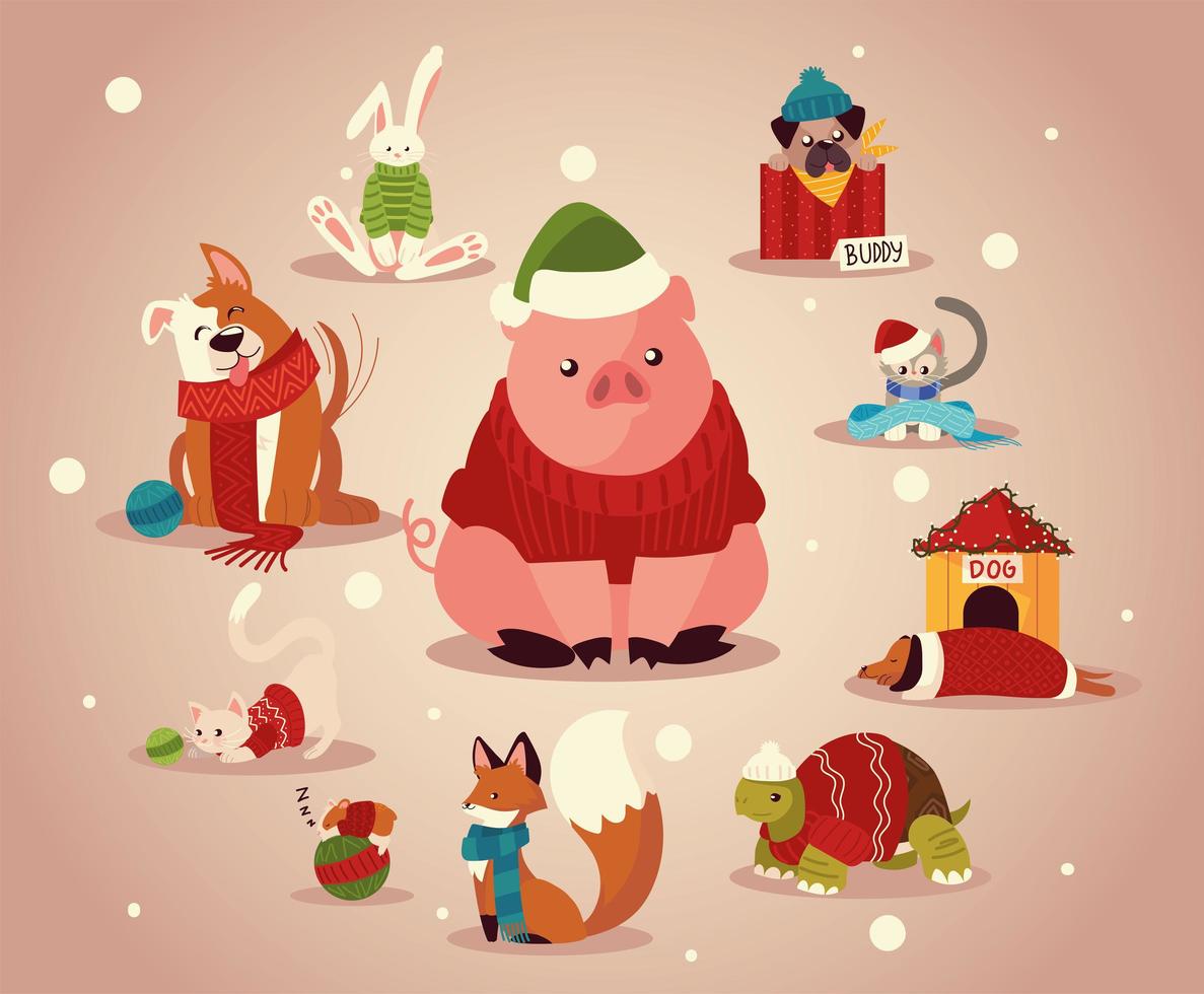 navidad lindos animales con ropa de invierno vector