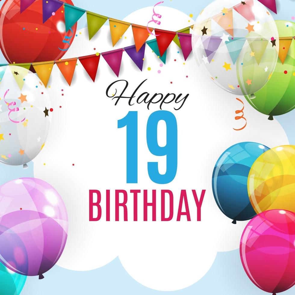 Cute Template 19 Years Anniversary. Group of Colour Glossy Helium Balloons Background. Vector Illustration