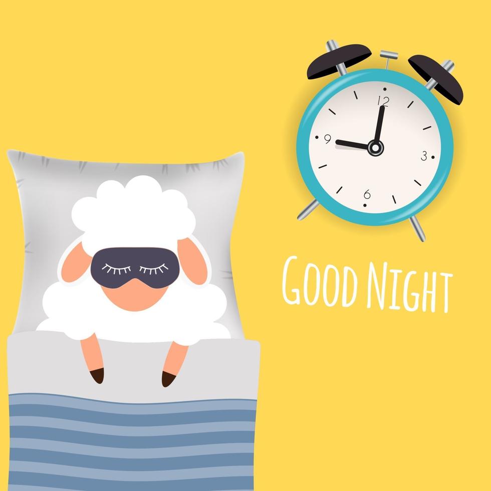 Cute little sheep in bed with alarm clock. Good night. vector illustration