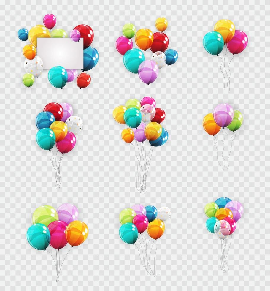 Grupo de fondo de globos de helio brillante de color. conjunto de globos para cumpleaños, aniversario, decoraciones para fiestas de celebración. ilustración vectorial vector