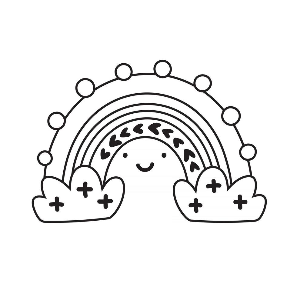 Vector monoline rainbow with face and clouds in cartoon scandinavian style isolated on white background for kids. Cute spring illustration in hand drawn prints, fabric, children books. Black and white vector illustration for coloring book