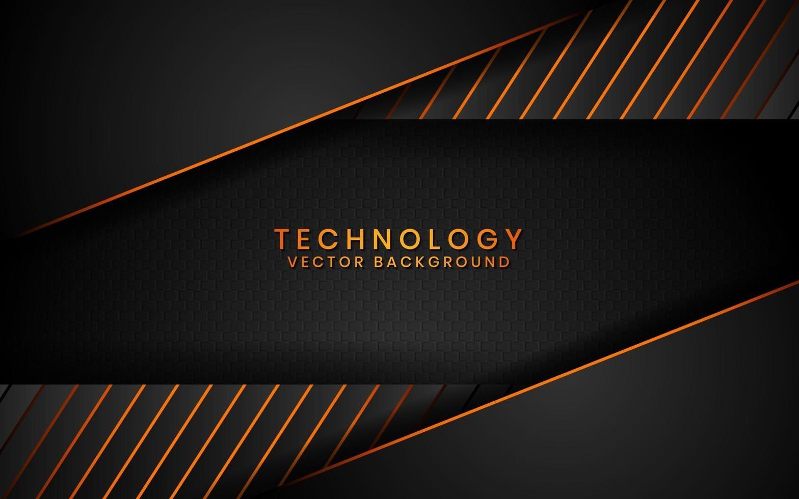 Abstract 3D black technology background overlap layers on dark space with orange light effect decoration. Modern graphic design template elements for poster, flyer, brochure, or banner vector