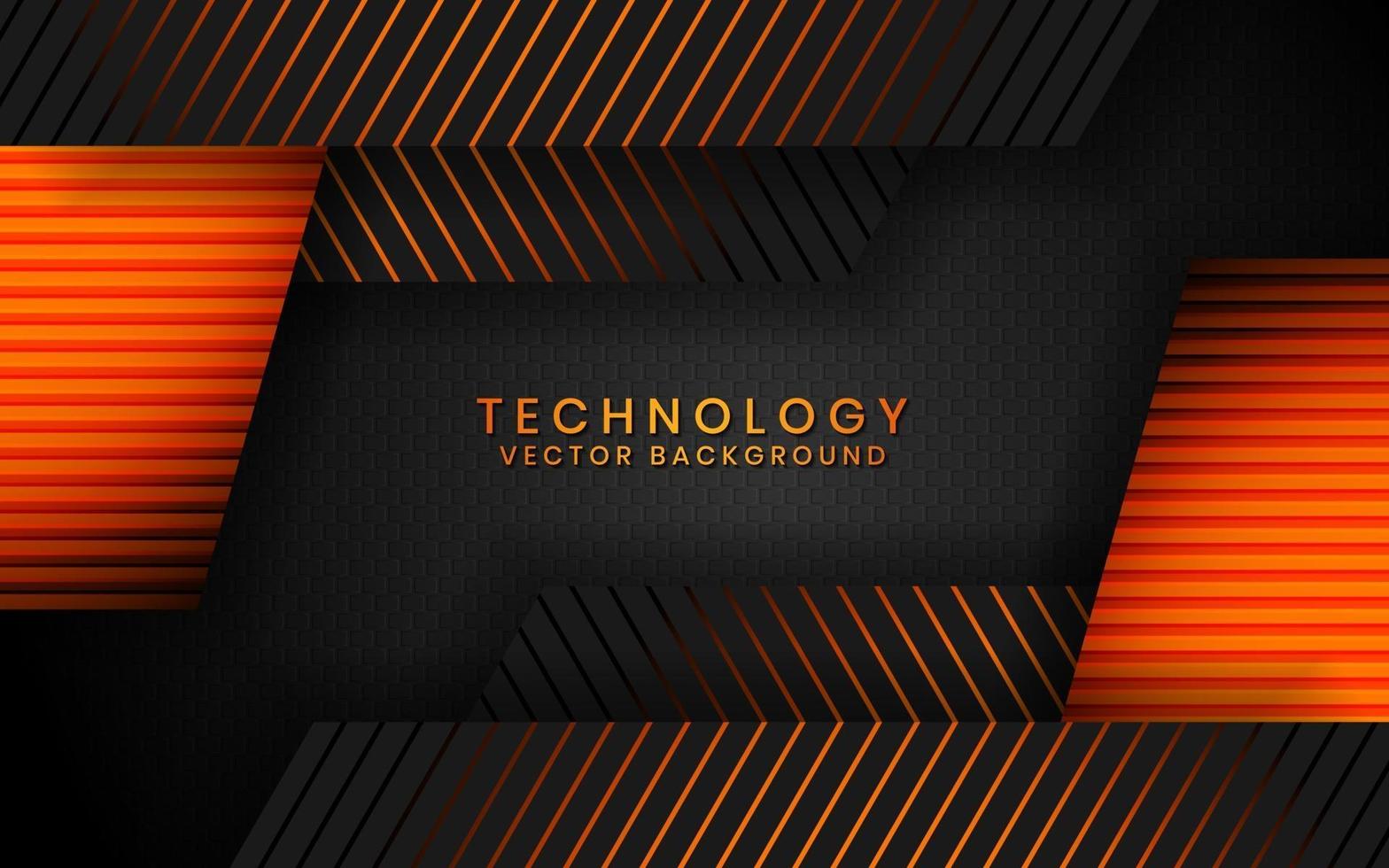 Abstract 3D black technology background overlap layers on dark space with orange light effect decoration. Modern graphic design template elements for poster, flyer, brochure, or banner vector