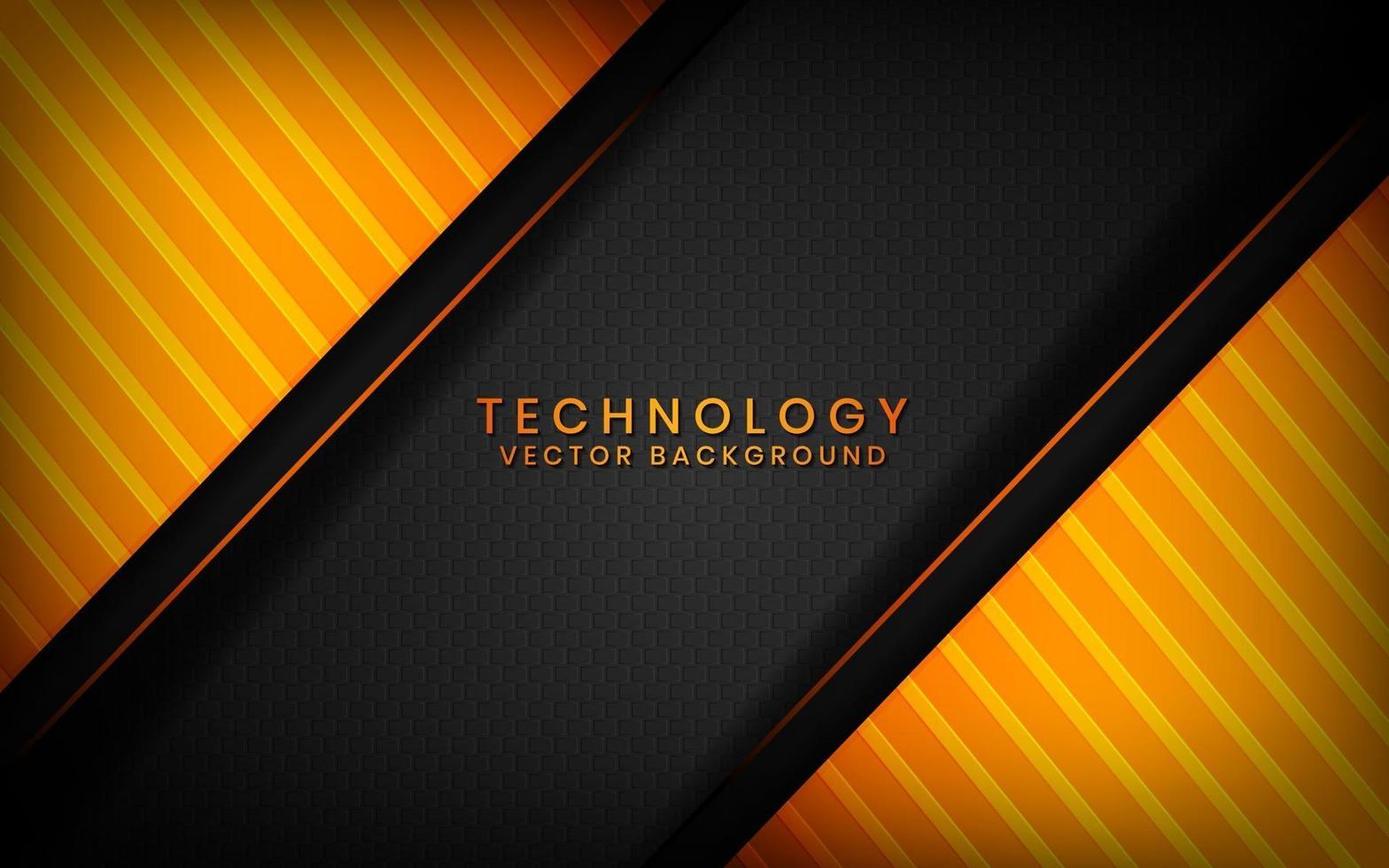 Abstract 3D black technology background overlap layers on dark space with orange light effect decoration. Modern graphic design template elements for poster, flyer, brochure, or banner vector