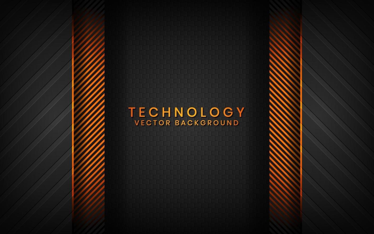 Abstract 3D black technology background overlap layers on dark space with orange light effect decoration. Modern graphic design template elements for poster, flyer, brochure, or banner vector