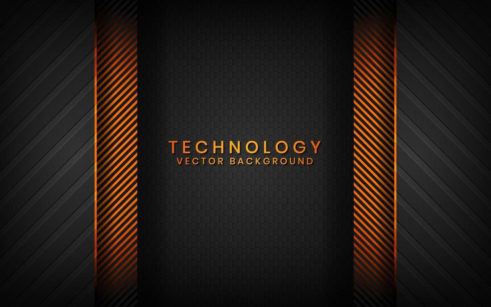 Abstract 3D black technology background overlap layers on dark space with orange light effect decoration. Modern graphic design template elements for poster, flyer, brochure, or banner vector