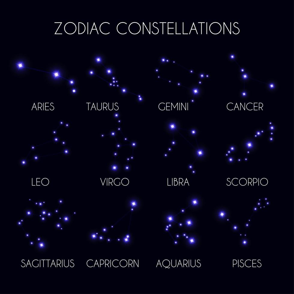 Set of 12 Zodiacal Constellations on the Background of Cosmic Sky Vector Illustration