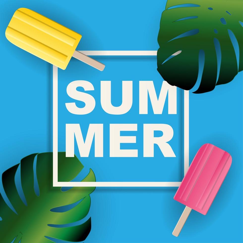 Tropical Natural Palm Summer Background with Ice Cream. Vector Illustration
