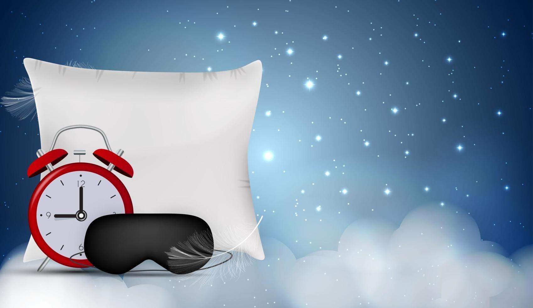 Good Night Abstract Background with Funny Sleeping Mask, alarm clock and pillow. Vector Illustration