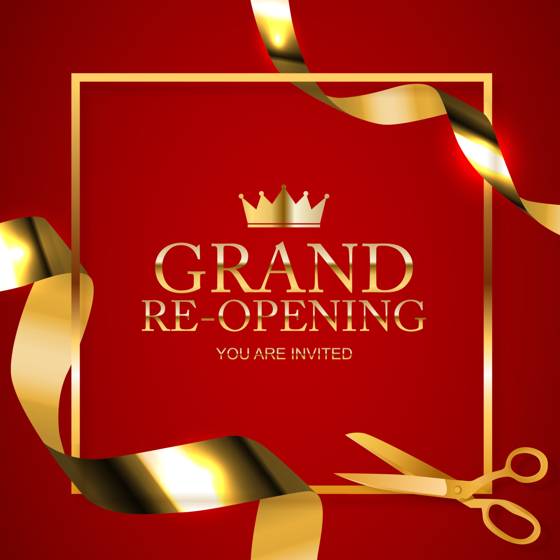 Grand Opening Text Vector Red Ribbon Scissors Design, Grand