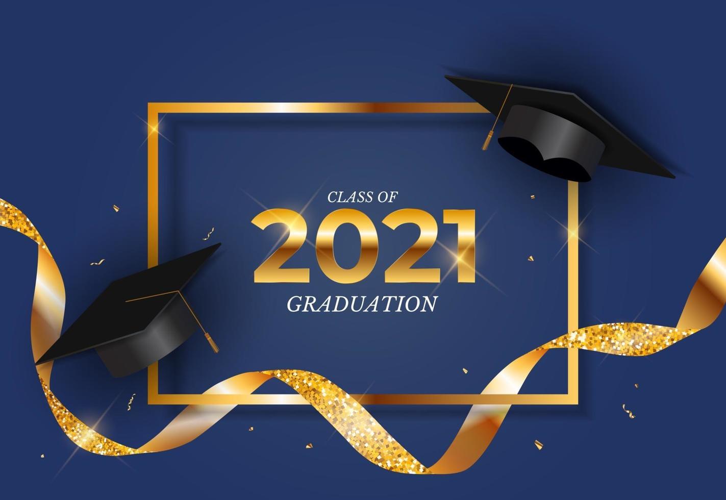Graduation class of 2021 with graduation cap hat and confetti and golden ribbon. Vector Illustration