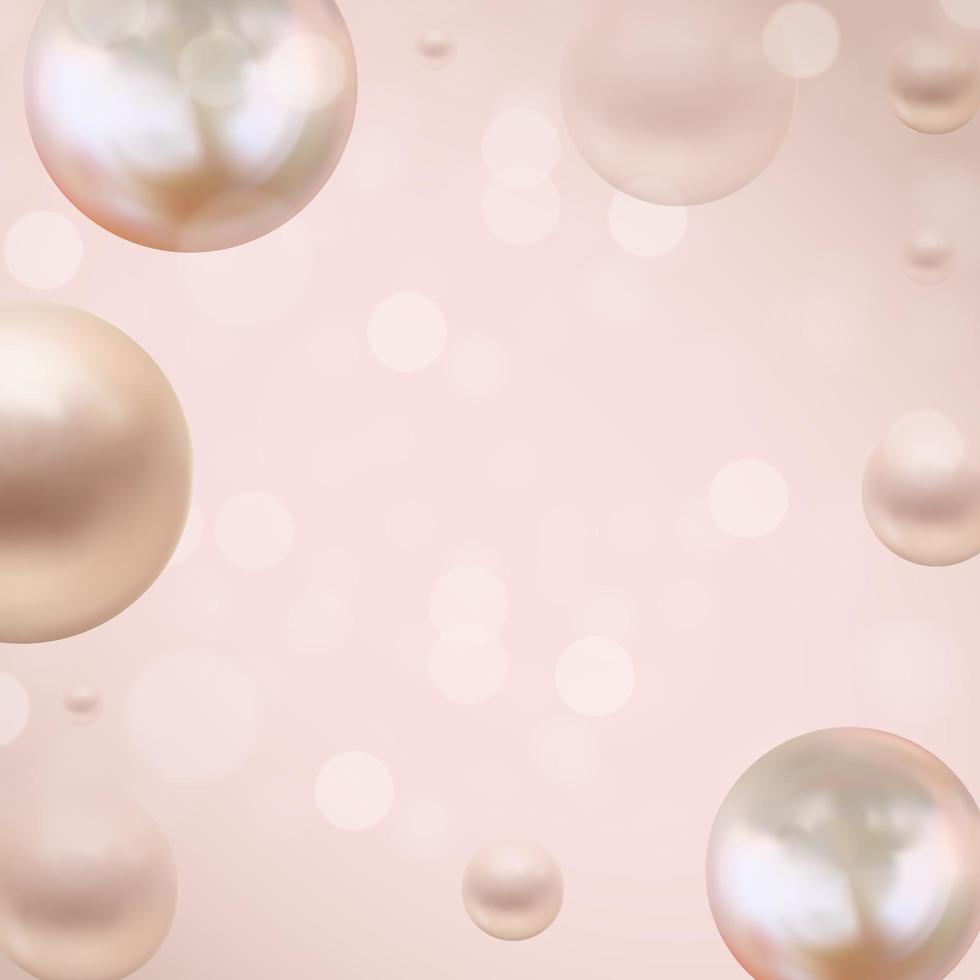 Glossy abstract bokeh lights background with realistic pearls. Vector Illustration