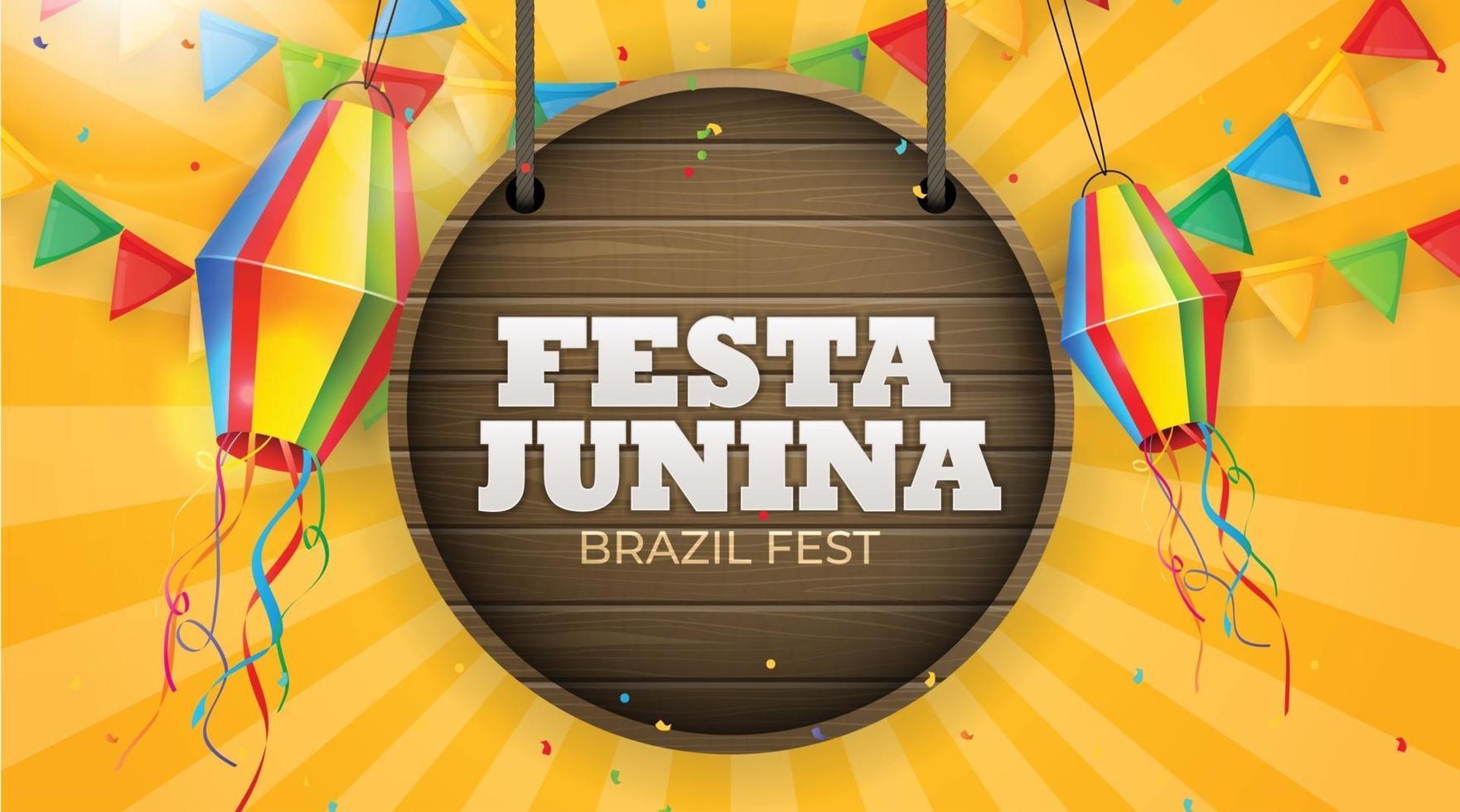 Festa Junina Background with Party Flags, Lantern. Brazil June Festival  Background for Greeting Card, Invitation on Holiday. Vector Illustration