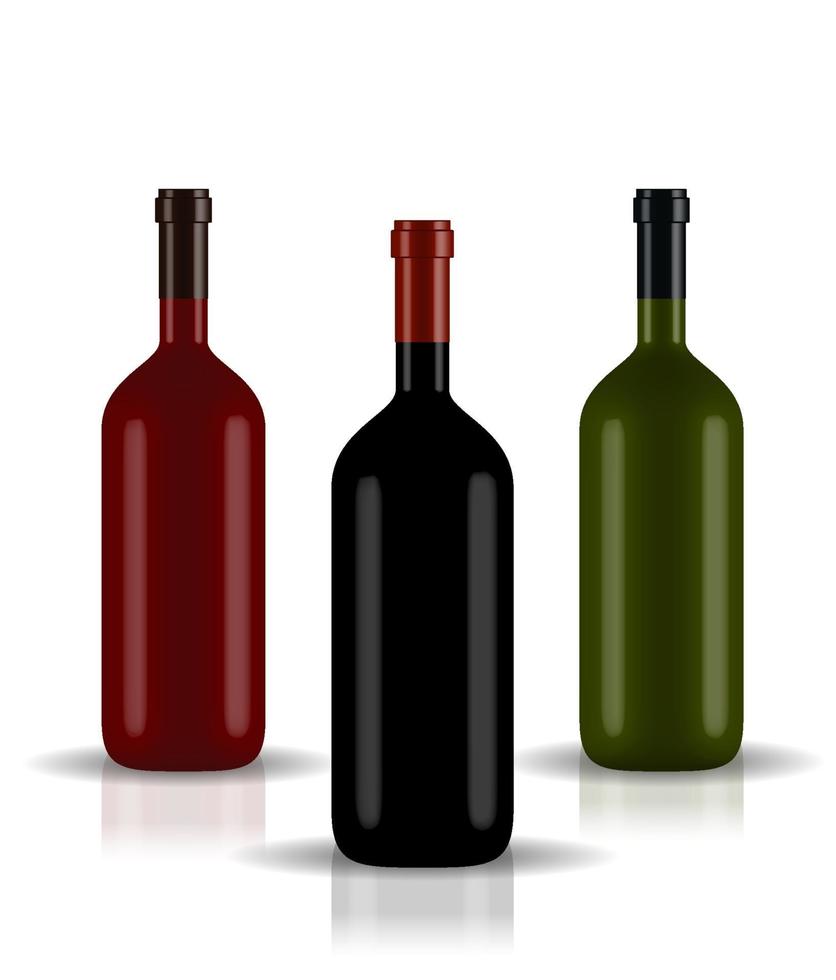 Colorful naturalistic closed 3D wine bottle of different colors without label. Vector Illustration