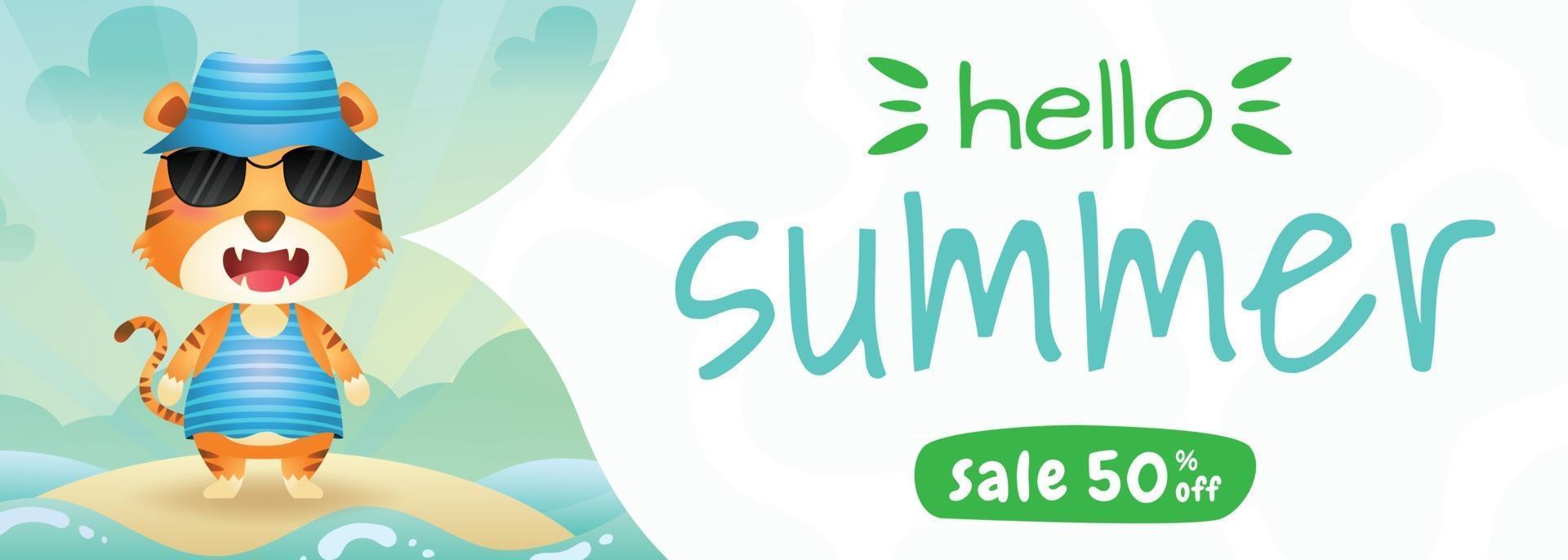 summer sale banner with a cute tiger using summer costume vector
