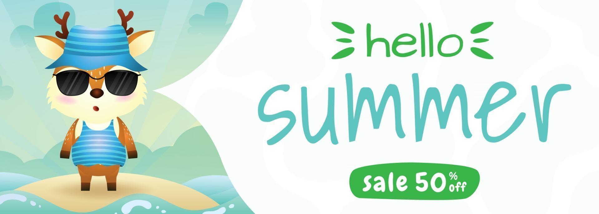 Banner de venta de verano con un lindo ciervo con disfraz de verano. vector