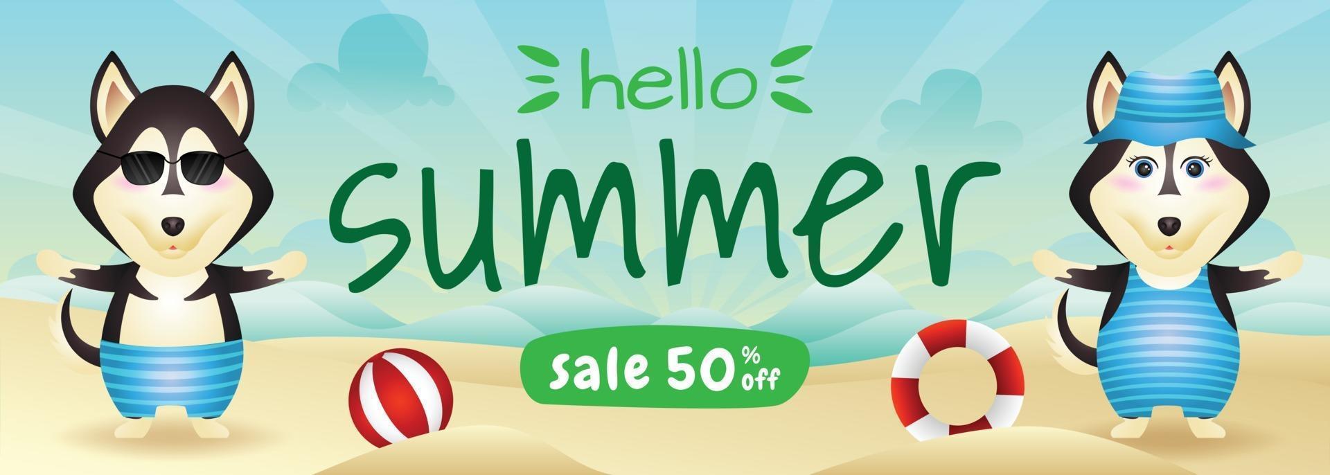 summer sale banner with a cute husky dog in beach vector