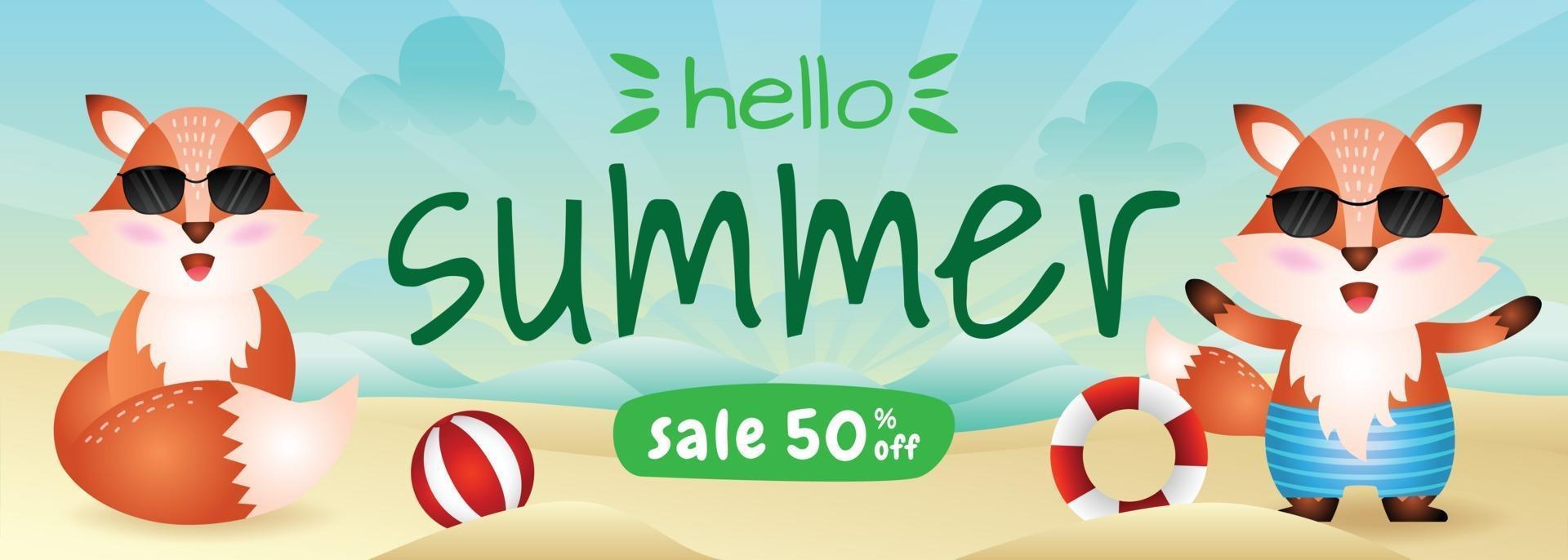 summer sale banner with a cute fox in beach vector