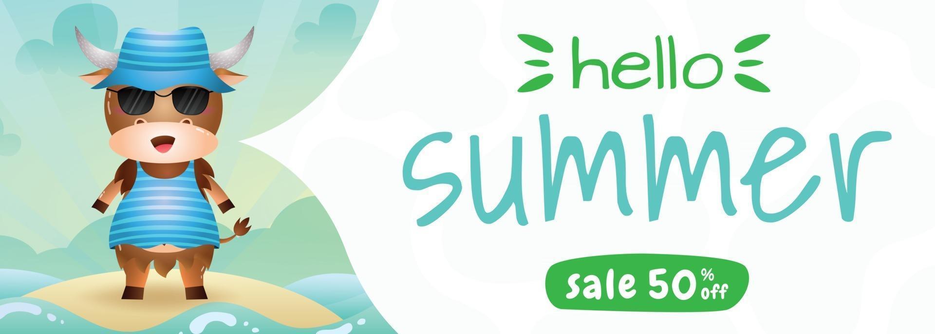 summer sale banner with a cute buffalo using summer costume vector