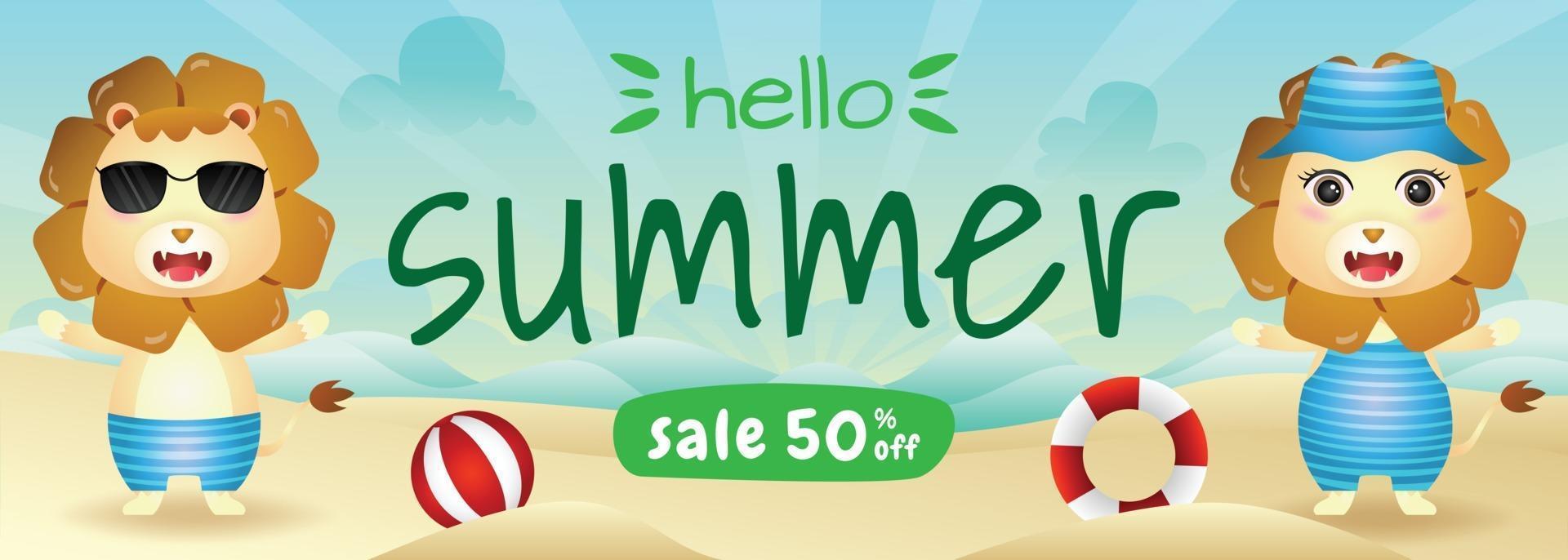 summer sale banner with a cute lion in beach vector