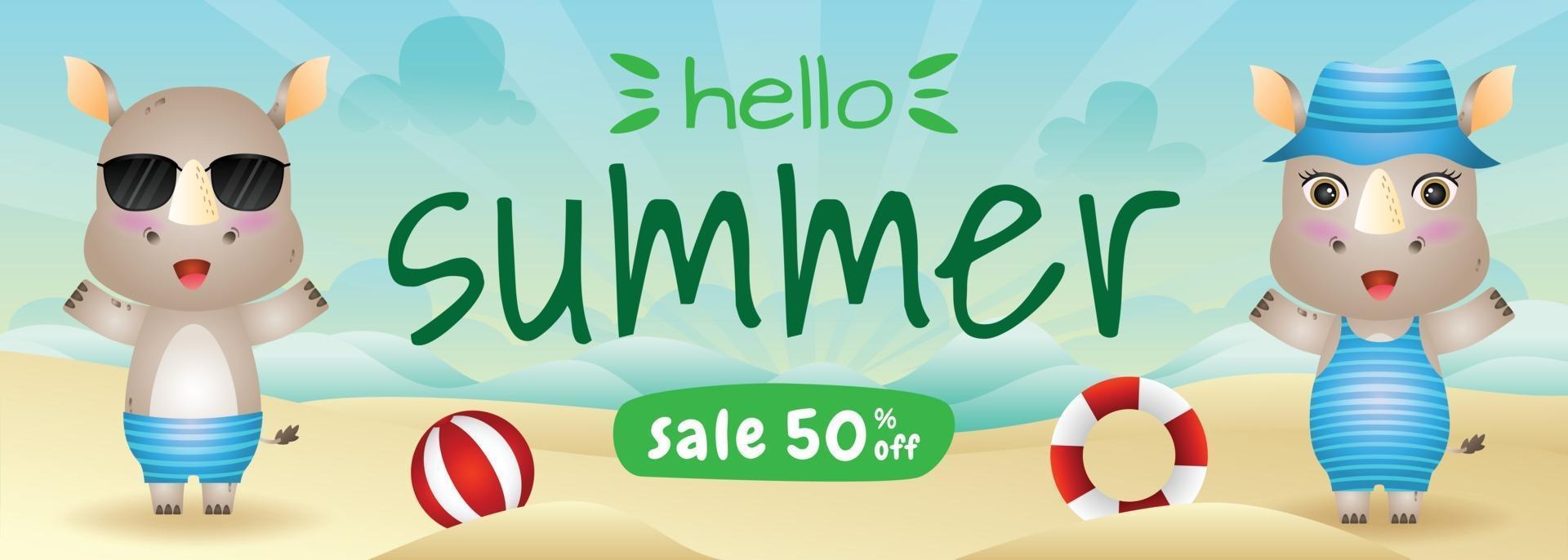 Banner de venta de verano con un lindo rinoceronte en la playa. vector