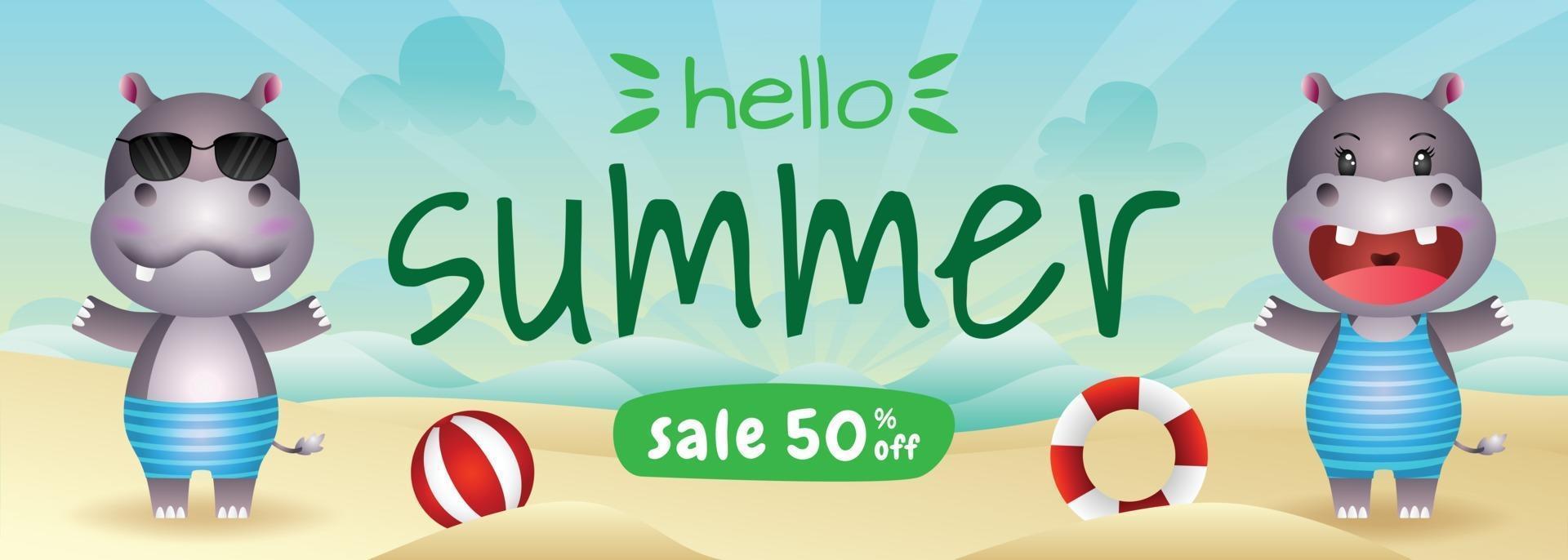 Banner de venta de verano con un lindo hipopótamo en la playa. vector