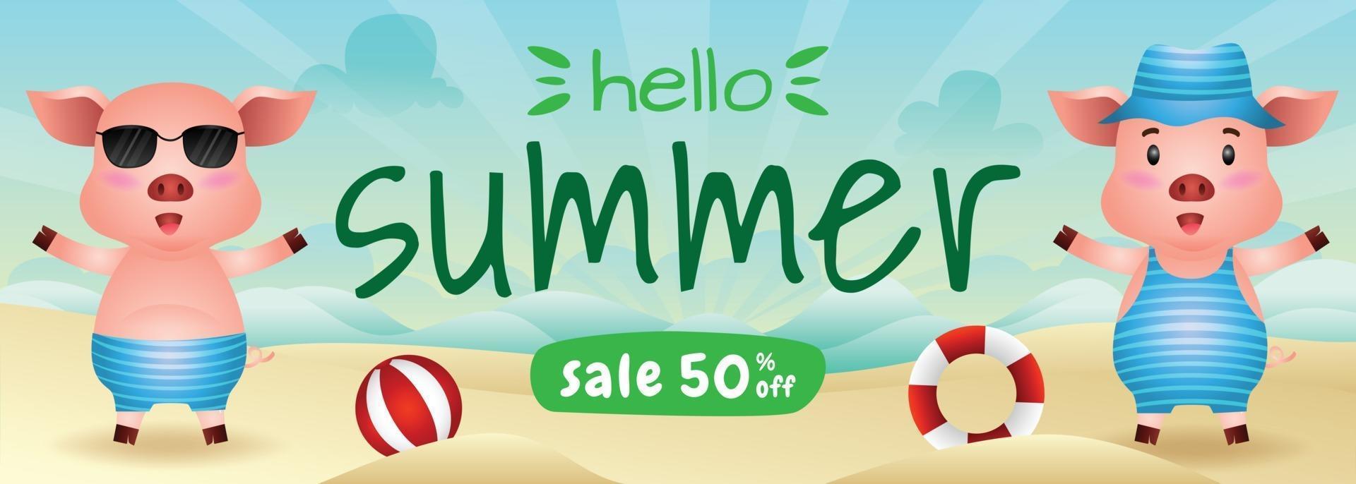 summer sale banner with a cute pig in beach vector