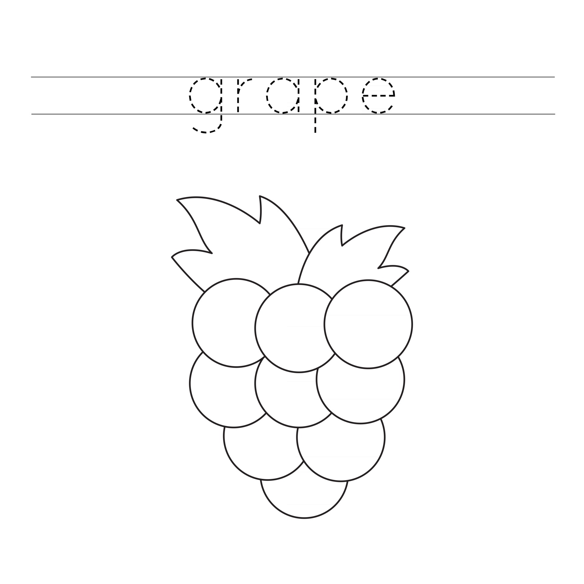 Tracing letters with black and white grape. Writing practice for kids