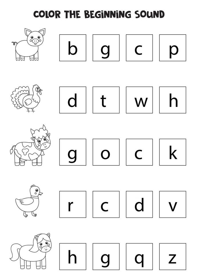 Learning English language for children. Color the beginning sound. vector