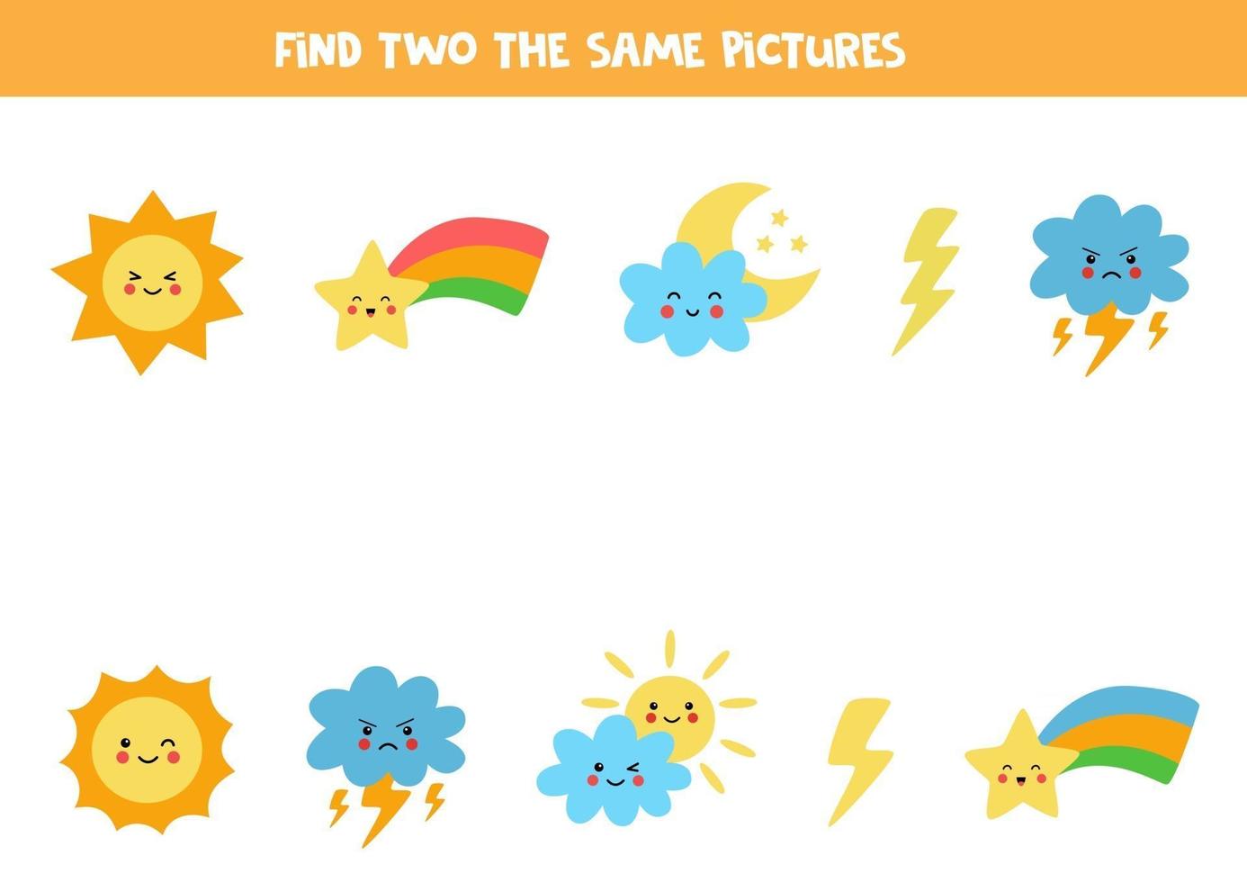 encontrar dos objetos meteorológicos idénticos. juego educativo para niños en edad preescolar. vector