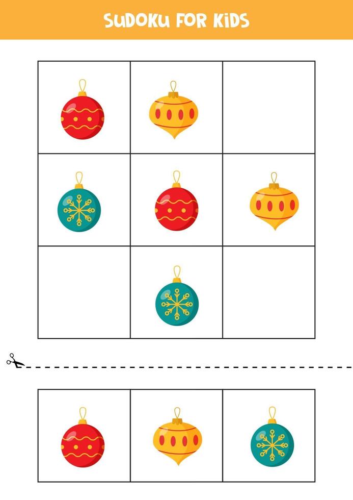 Sudoku game for kids with cartoon Christmas balls. vector