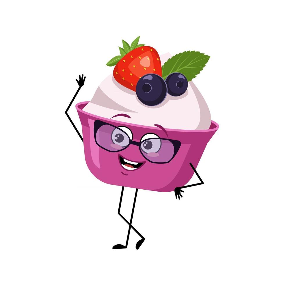 lindo personaje de pastel o yogur con gafas y emociones alegres, cara sonriente, ojos felices, brazos y piernas. una comida dulce con ojos vector