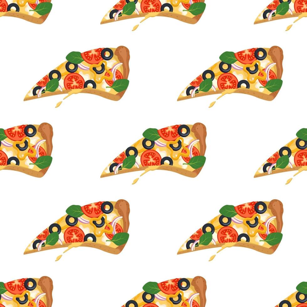 patrón transparente brillante con rebanadas de pizza. impresión de comida rápida con verduras y queso. diseño para textil, papel, cafetería y restaurante. vector